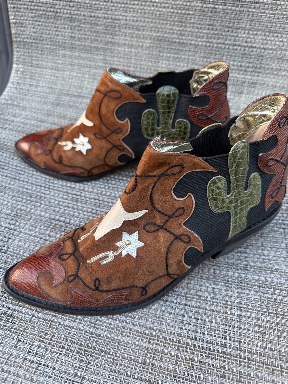Zalo Brown Suede Ankle Booties with Green Cactus & Cream Accents